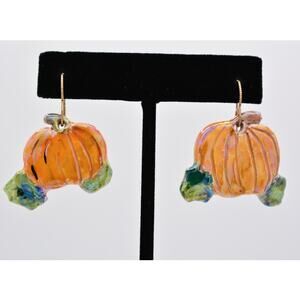 KM Vintage Pumpkin Earrings Porcelain Ceramic Halloween Fall Autumn 98 Signed 9D